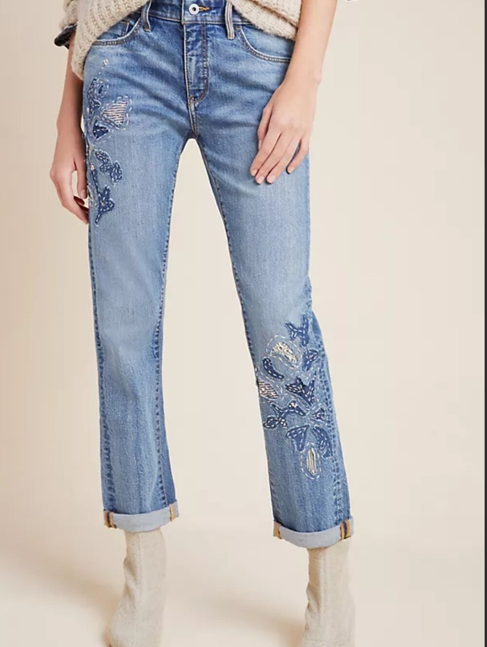 Anthropologie Pilcro High-Rise Embroidered Boyfriend Medium Wash Jeans Size 30